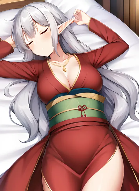 1girl, bedroom, long hair, on bed, japanese clothes, sleepwear, on back, sleeping, the pose, gold necklace,silver hair, elf, medium breasts, red robe, wavy hair, mature female,