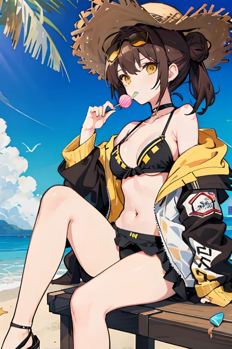 anime girl, brown hair, hair bun, yellow eyes, black bikini, choker, beach, f cup breasts, straw hat, taking off jacket, high heels, eating a lollipop, beach, sitting down, top down perspective, sunglasses, up close