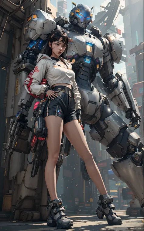 a girl in short shorts and a jacket stands next to a giant robot live-action seo..., illustration in the style of guweiz, cyberp...