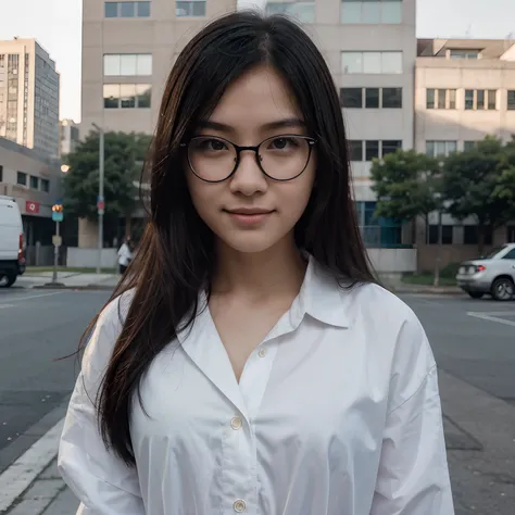 Very young female, half chinese, small slit-eyed, glasses, black hair, flawless white skin, long hair, photorealistic, best quality, hyper detailed, middle school student, beautiful woman, selfie photo, upper body, solo, wearing uniform, smiling at city, s...