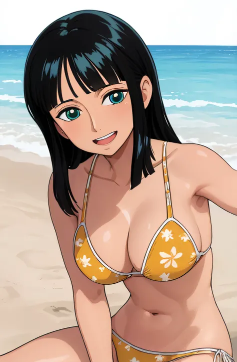 (Obra maestra),La mejor calidad,asombroso,Detalle fino.Profundidad de campo,hermosos ojos detallados, Nico Robin, 1girl,hembra madura,feliz,sonrisa ligera, bikini, barriga, breasts