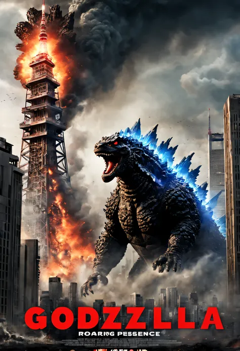 Movie poster, Godzilla, latest movie, roaring Godzilla, overwhelming presence, people running away, cool, destroyed buildings, broken Tokyo Tower, fire, black smoke, fighter planes and tanks, boasting invincible strength Godzilla,