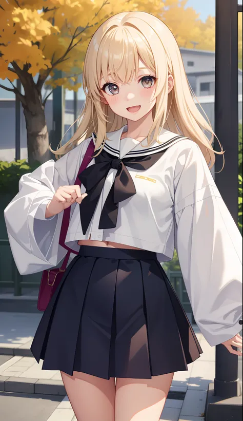 1girl in、AS-Adult、A smile、open open mouth、、be shy、The shirt、skirt by the、cream colored Hair、（small tits）Japan High School、校服、serafuku、Walking with a thigh、Upper body portrait、