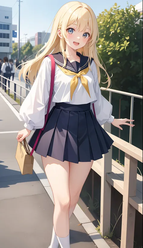 1girl in、AS-Adult、A smile、open open mouth、、be shy、The shirt、skirt by the、cream colored Hair、（small tits）Japan High School、校服、serafuku、Walking with a thigh、Upper body portrait、