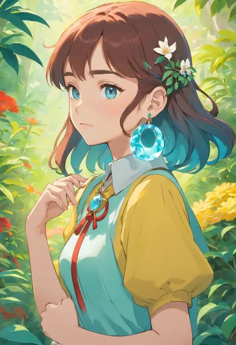 A girl wearing an anime collar, A long necklace and earrings, inthe style of tranquil gardenscapes, colorful animation stills, Masami Teraoka, aquamarine, Paul Gauguin, Amber style, Honest portrayal