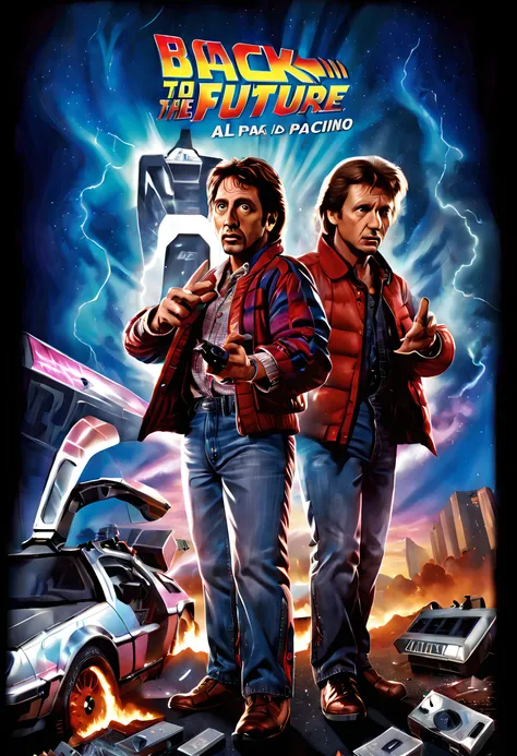 (The movie poster of back to the future:1.5), (movie poster style illustration:1.5), (movie title:1.5), (logo:1.5), (sproncers logo:1.5), (texe:1.5), ((text:2)), (title:1.5), (Movie of Al Pacino and ロバートデニーロ:1.5), (starring Al Pacino and ロバートデニーロ:1.5),