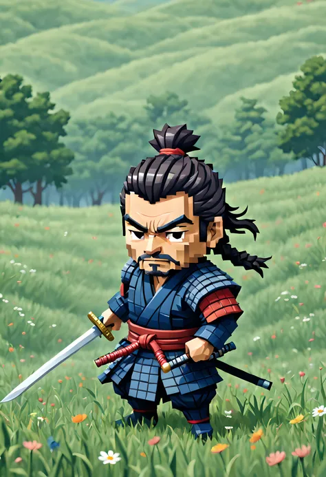 (Pixel art:1.5), (chibi character:1.5), (chibi emote:1.5), (Pixel art theme:1.5), (samurai:1.5), (Toshiro Mifune:1.5), (ancient Japanese:1.5), (Sekigahara:1.5), wind, (Standing in a meadow where the wind is blowing:1.5), (Before the Decisive Battle:1.5), (...