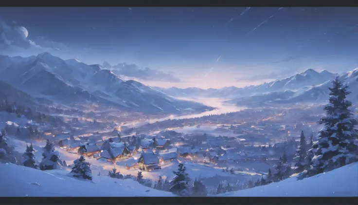 (Best quality,4K,8K,A high resolution,tmasterpiece:1.2),winter landscape,swiss alps,A small village from the era of medieval Europe,pines,The full moon illuminates the village, Stars visible in the sky, clouds swirling, Frozen lake.