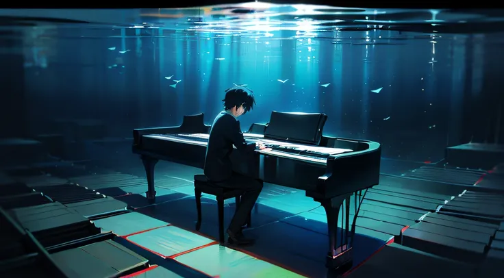 Your Lie In April, a boy with black hair plays the piano underwater, shining bright, piano keys are drowning