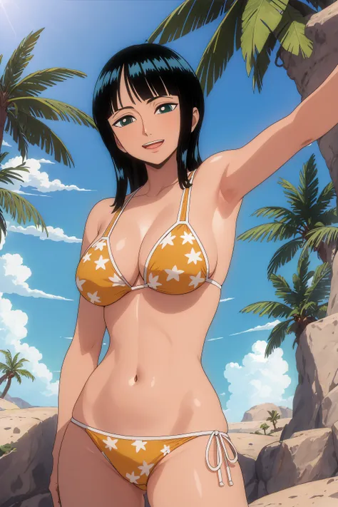 (Obra maestra),La mejor calidad,asombroso,Detalle fino.Profundidad de campo,hermosos ojos detallados, Nico Robin, 1girl,hembra madura,feliz,sonrisa ligera, bikini, barriga, breasts, armpits