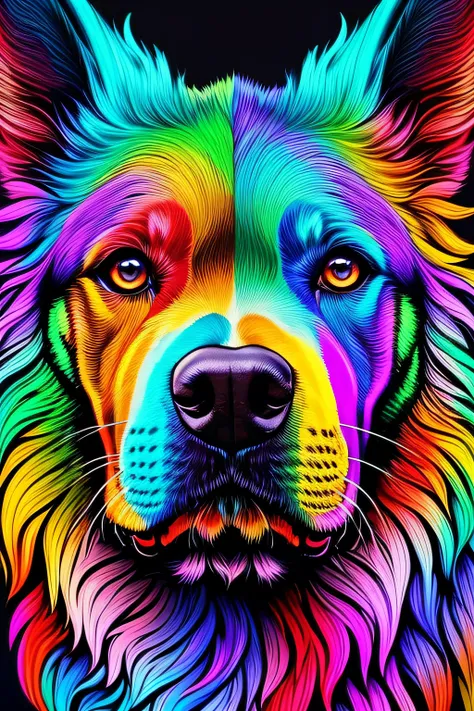 in a psychedelic style a representation of the Day of the Dead on a dog face, magnificent and detailed. Lots of texture and an explosion of multiple colored powder in the background