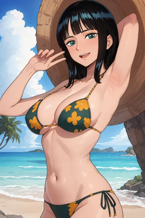 (Obra maestra),La mejor calidad,asombroso,Detalle fino.Profundidad de campo,hermosos ojos detallados, Nico Robin, 1girl,hembra madura,feliz,sonrisa ligera, bikini, barriga, breasts, armpits