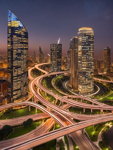 A picture of modern Egyptian architecture, glass towers, buildings with curves, trees, and a road with sparkles and lights, and at night from a bird’s eye perspective. --auto --s2