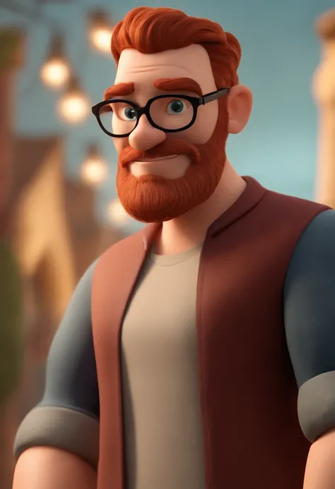 Cartoon character of a bald man with dense red beard and green eyes wearing black glasses and a blue shirt, um personagem animado, Caractere estilizado, animation style rendering, 3D estilizado, Arnold Maya render, 3 d render stylized, toon render keyshot,...