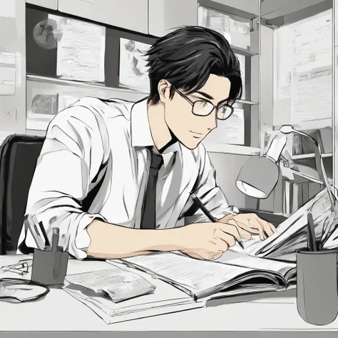 A handsome male college student studying at a desk，orthofacial