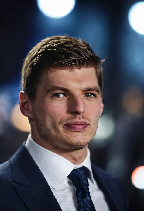 cinematic film still of max verstappen, wearing a suit, shallow depth of field, vignette, highly detailed, high budget, bokeh, cinemascope, moody, epic, gorgeous, film grain, grainy