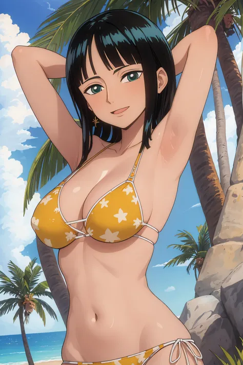 (Obra maestra),La mejor calidad,asombroso,Detalle fino.Profundidad de campo,hermosos ojos detallados, Nico Robin, 1girl,hembra madura,feliz,sonrisa ligera, bikini, barriga, breasts, armpits