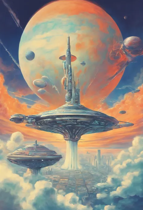 Create an oil painting depicting this futuristic city above the clouds, focusing on the buildings and vehicles.