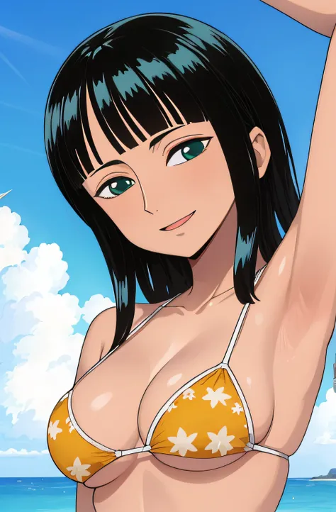 (Obra maestra),La mejor calidad,asombroso,Detalle fino.Profundidad de campo,hermosos ojos detallados, Nico Robin, 1girl,hembra madura,feliz,sonrisa ligera, bikini, barriga, breasts, armpits