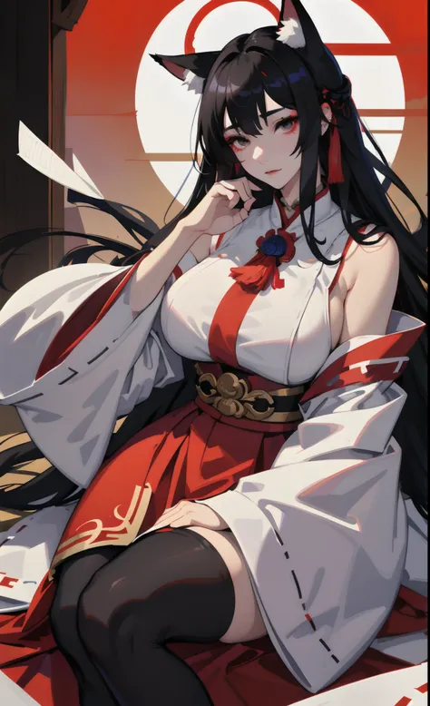 shrine maiden clothe、Longhaire、Black hair、Black eyes、Impatient expression、Fox mask on the side of the head、natta、Colossal tits、Detailed fingers、Detailed face、a beauty girl、gentle、Tights that are white and knee-length、Voluptuous feet、