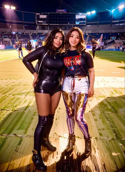 Two women standing next to each other in a stadium, standing in a stadium, usando roupas pretas apertadas, Malika Favre, standing in an arena, linda senhora, vestindo um bodysuit preto, Com Godray, In Sao Paulo, vestindo roupas pretas, com hera, belos arre...