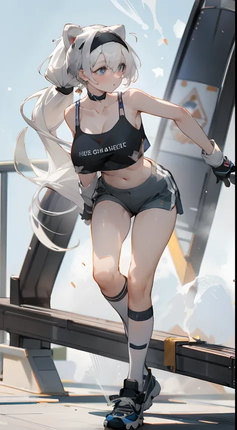 bigboobs，cropped shoulders，white color hair，high ponytail，stand up，sporty attire，camisole，leakage out of the collarbone，neck lea...