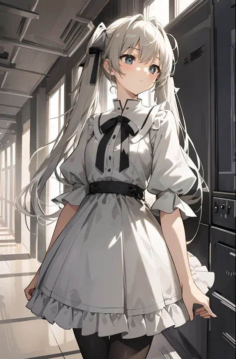 (Masterpiece,best qualtiy,A high resolution:1.5),1girl,high school senior,white skinned,Gray-black pupils,twintails,lacepantyhose,shift dresses,Delicate face,School Background,The light is bright,Sora Kasugano,Animated illustration style,pixiv popular