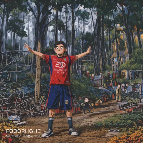 (masterpiece, ultra quality, extremely detailed, 8k, high saturated:1.33),
an award winning illustration of a boy, playing footb...