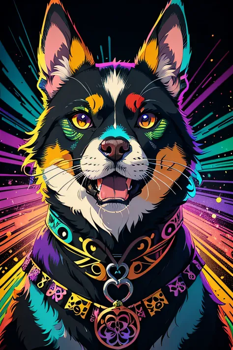 in a psychedelic style a representation of the Day of the Dead on a dog face, magnificent and detailed. Lots of texture and an explosion of multiple colored powder in the background