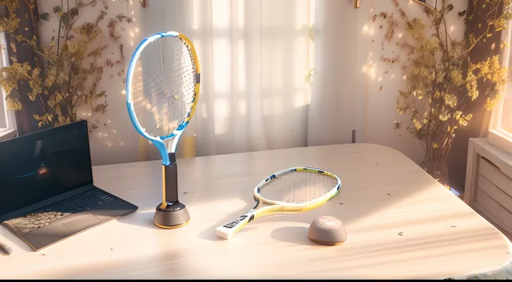 There is a laptop and a tennis racket on the table, realistic rackets, Product rendering, 3 d product render, product design render, highly detailed render, rendered in cgi, fully detailed render, depicted as a 3 d render, detailed render, high res render,...