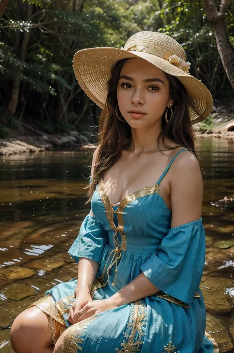 uma menina，beautiful face，Olhos brilhantes bonitos，longos cabelos loiros，Wearing a large-brimmed hat、Golden hair accessories and star earrings，Um lindo vestido azul，The dress is decorated with gold patterns and lace finish。Sit quietly at the waters edge in...