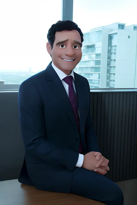 Homem de 40 anos, inspirado na Disney Pixar, advogado de sucesso, sorridente, With luxury office and suit