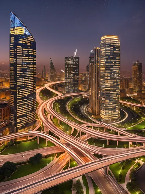 A picture of modern Egyptian architecture, glass towers, buildings with curves, trees, and a road with sparkles and lights, and at night from a bird’s eye perspective. --auto --s2