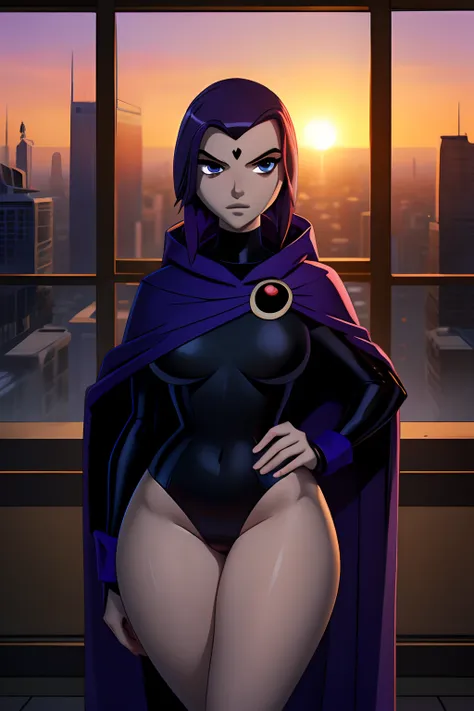 dc character, raven, dark violet hair, beautiful cute face, innocent, charming, calm expression on his face, facing the camera, ...