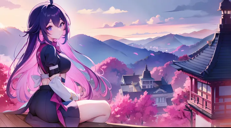 a girl, stylefull purle hair, magenta eyes, by sunrise, view over forest, anime look, sitting on a pagoda rooftop