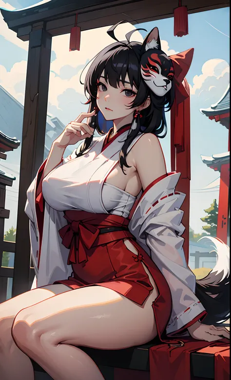 shrine maiden clothe、Longhaire、Black hair、Black eyes、Impatient expression、Fox mask on the side of the head、natta、Colossal tits、Detailed fingers、Detailed face、a beauty girl、Ahoge、Sexy legs、white tabi、Naughty look、shrines、Low exposure