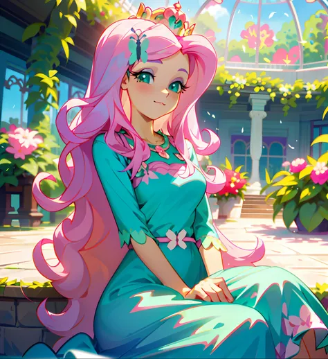 Fluttershy, fluttershy from my little pony, fluttershy in the form of a girl, lush breast, pink long wavy hair, soft smile, flowers, butterflies, (top quality, masterpiece, ultra-realistic), rainy day, raining, indoor botanical garden, dome, lots of flower...