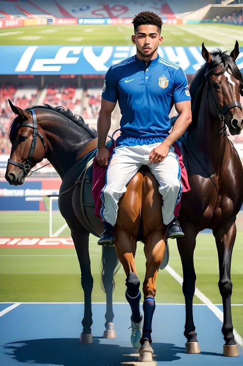 Menino dentro do jogo de futebol com o campo azul e os jogadores em forma de cavalo