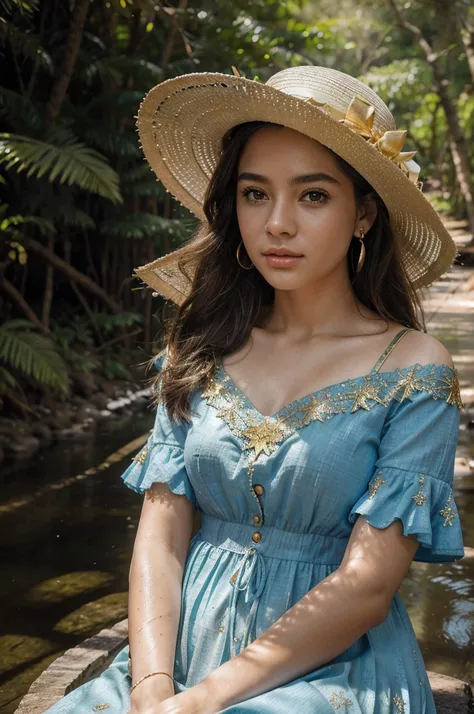 uma menina，beautiful face，Olhos brilhantes bonitos，longos cabelos loiros，Wearing a large-brimmed hat、Golden hair accessories and star earrings，Um lindo vestido azul，The dress is decorated with gold patterns and lace finish。Sit quietly at the waters edge in...