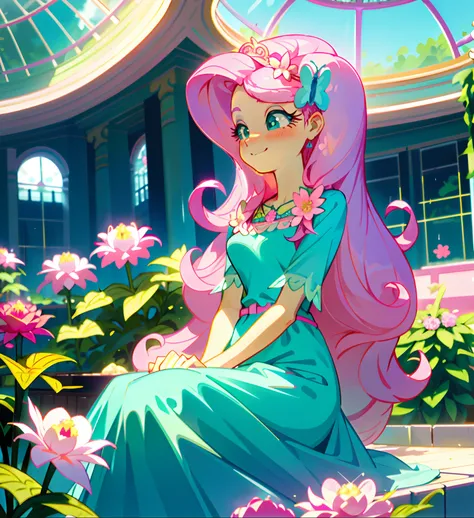 Fluttershy, fluttershy from my little pony, fluttershy in the form of a girl, lush breast, pink long wavy hair, soft smile, flowers, butterflies, (top quality, masterpiece, ultra-realistic), rainy day, raining, indoor botanical garden, dome, lots of flower...