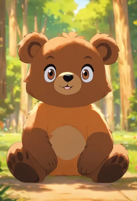 Bear sitting in the park，Has big eyes，blash，a smile，greet，high detal、