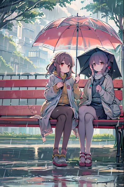 under the rain、Anime characters sitting on a bench under an umbrella, Sateen!, Sateen!!, Kantai Collection Style, Sateen!!!, after rain and no girl, kawacy, anime style 4 k, In the rain, Its raining outside, anime moe art style, under rain, Cute art style,...