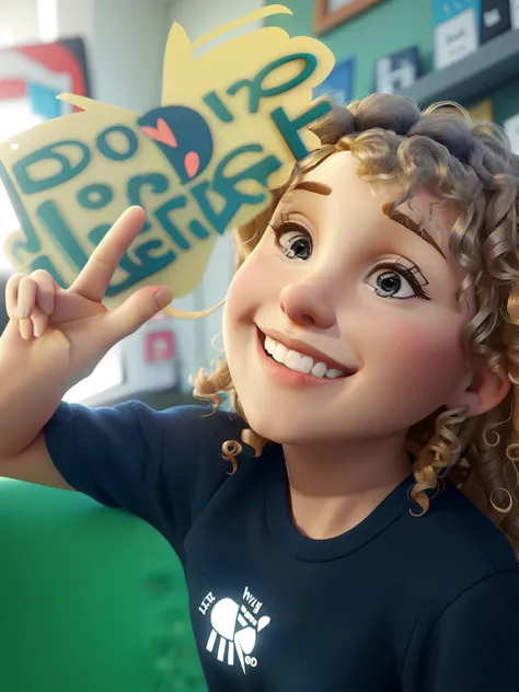 A blonde woman with curly hair doing the letter V with her hands