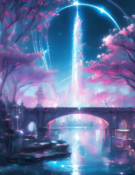 Colorful Metropolitan Museum of Art、River painting with stars and moon in rainbow sky、the met、Shining skyscrapers、Shine across the board、Skyscrapers、Concept art inspired by Mitsuoki Tosa、pixiv contest winners、top-quality、Fantasyart、beautiful anime scene、Br...