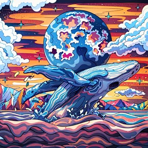 The whale jumped out of the water，The background is the full moon, space magical whale, space whale, glimmering whale, Highly detailed illustration, flying whale, full page illustration, clean coloring book page, galaxy whale, coloring book page, flying wh...