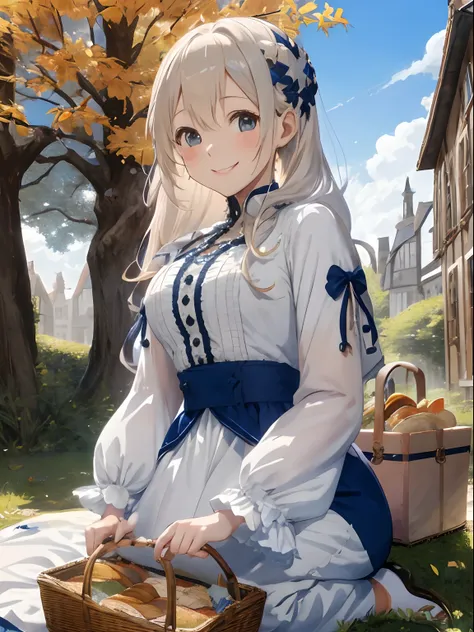 twinsies,Chiquita,Two-tone hair in white and navy blue,Colored leaves,Medieval European style,nobles,Ready Style,Fluffy and fluttering clothes,Stylish atmosphere,eat a sandwich,A smile,Fun picnic,busy,The sun is shining