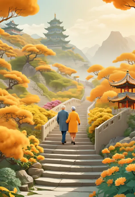 Vector illustration of elderly couple walking on stairs near beautiful garden, In the style of the terrain of northern China, UHD image, Light orange and yellow, Free-flowing surrealism, ferrania p30, Flowers & Nature Theme - Chaos 20