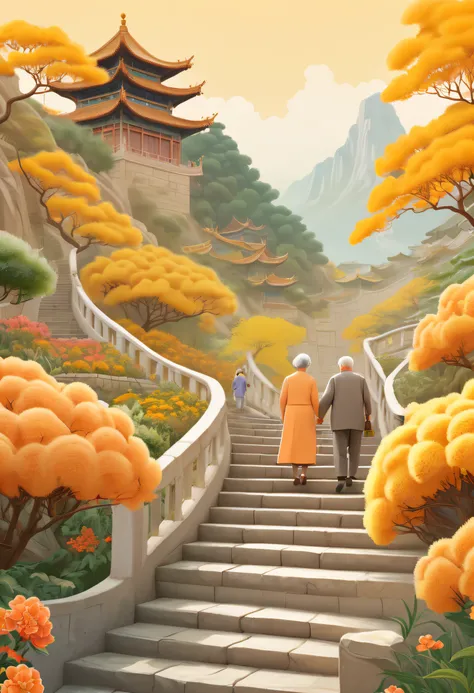 Vector illustration of elderly couple walking on stairs near beautiful garden, In the style of the terrain of northern China, UHD image, Light orange and yellow, Free-flowing surrealism, ferrania p30, Flowers & Nature Theme - Chaos 20