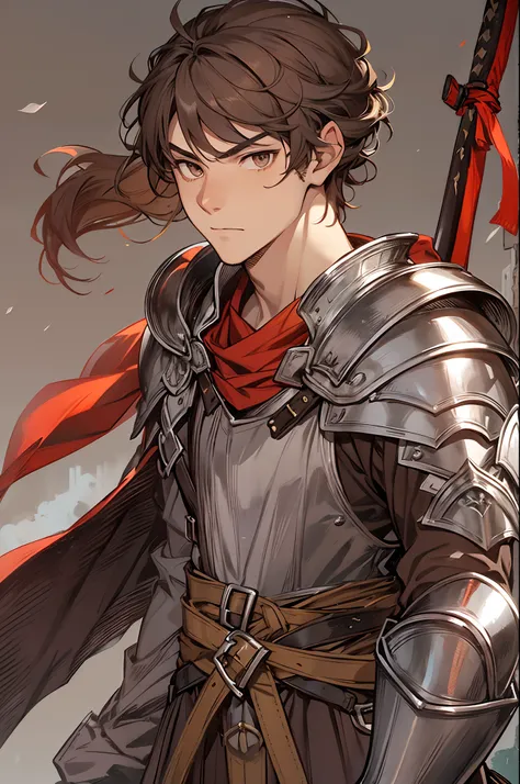 A 17-year-old teenage boy, a boy swordsman, wears a sword, height 1.7m, weight 70kg, light skin tone, without a beard, without a goatee, no facial hair, no body hair, brown hair color, straight hair, pointed ears, medieval knights silver armor, red clothes