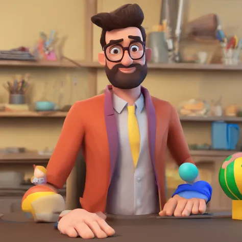 Criar um personagem no estilo Pixar. Trata-se de um homem de 30 anos, com barba, Branco, com cabelos castanhos curtos e um quiff, e olhos castanhos. Ele deve estar na frente de um computador, Trabalhar como designer